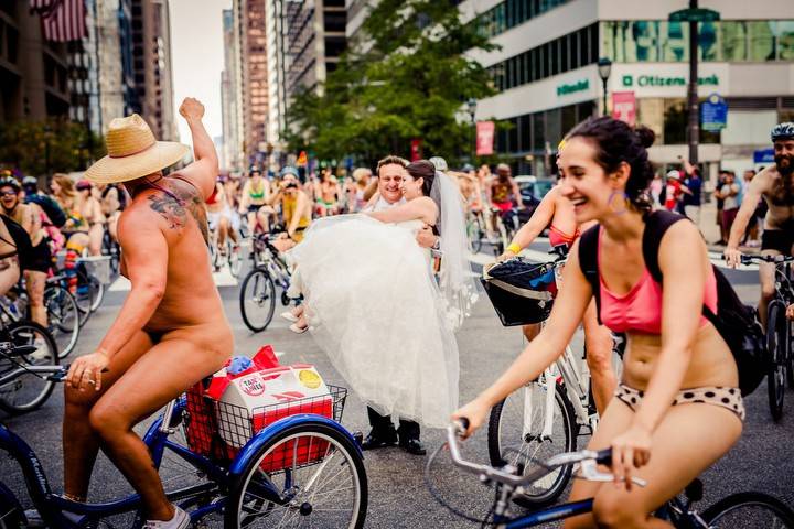 A couple at the naked bikers event