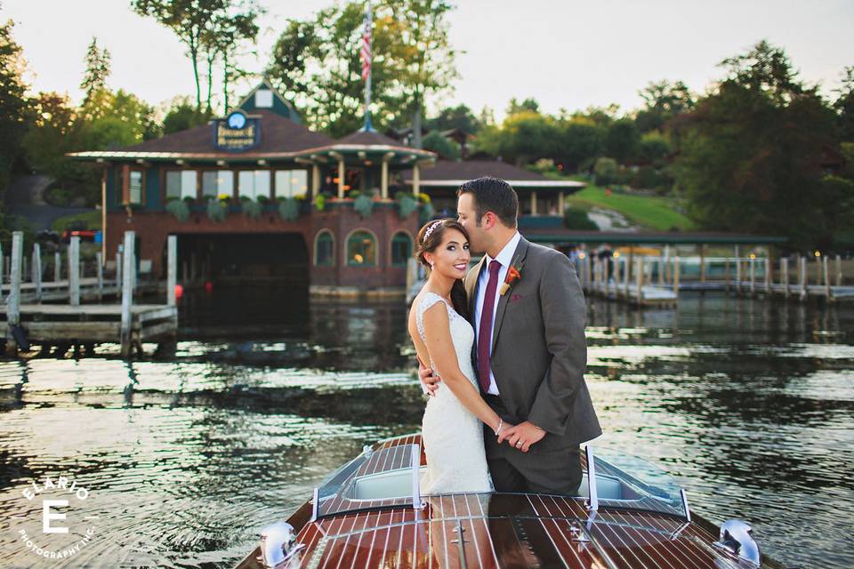 Newlyweds on a speed boat