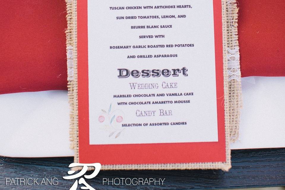 Coordinating Menu for Burlap Folio wedding invitation