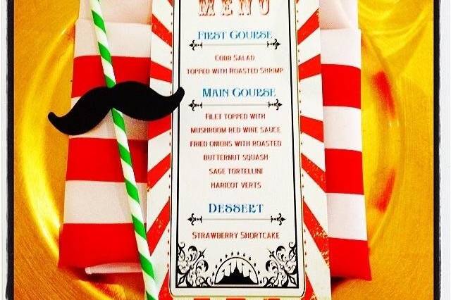 Circus themed menus. red and white striped background with flecks of gold