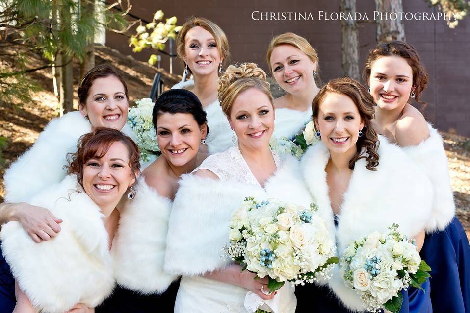 Bride and bridesmaids with fur coats