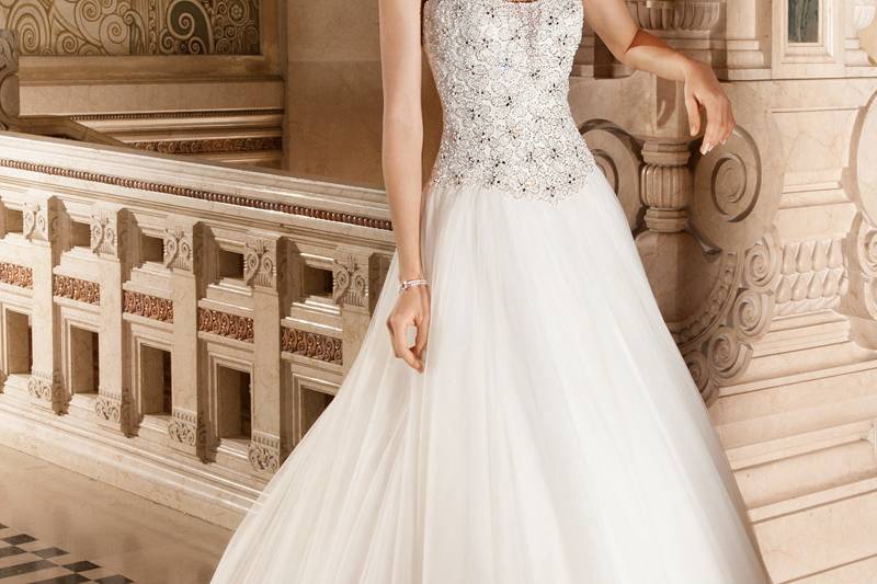 565This classic tulle ball gown features a heavily beaded embroidered bodice accented with crystal beading, sheer beaded ¾ length sleeves and a deep illusion back with button closure. Gown is finished with a chapel train.