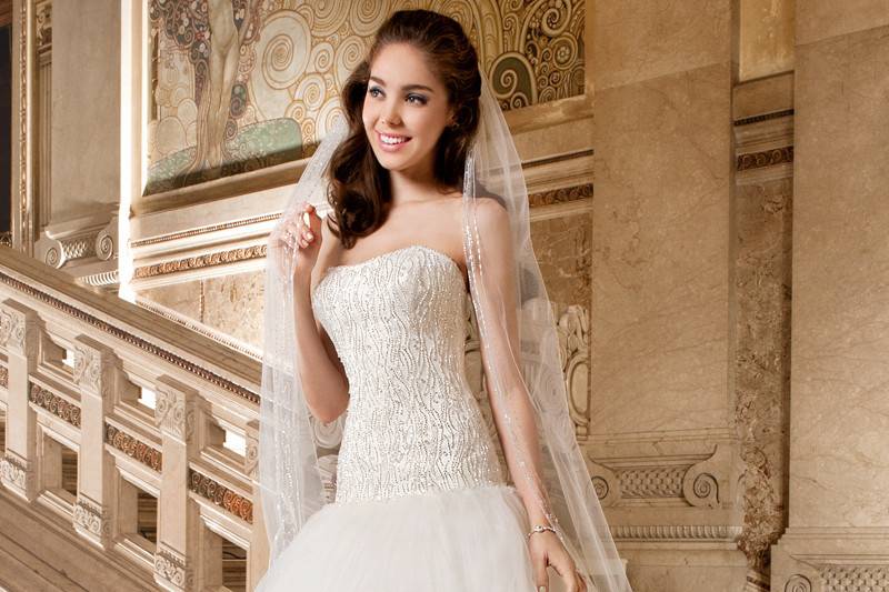 579This unique ball gown features a magnificent bodice adorned with elaborate beaded embroidery with jeweling and a full multi-tiered tulle skirt. The back features a corset lace-up and chapel train.