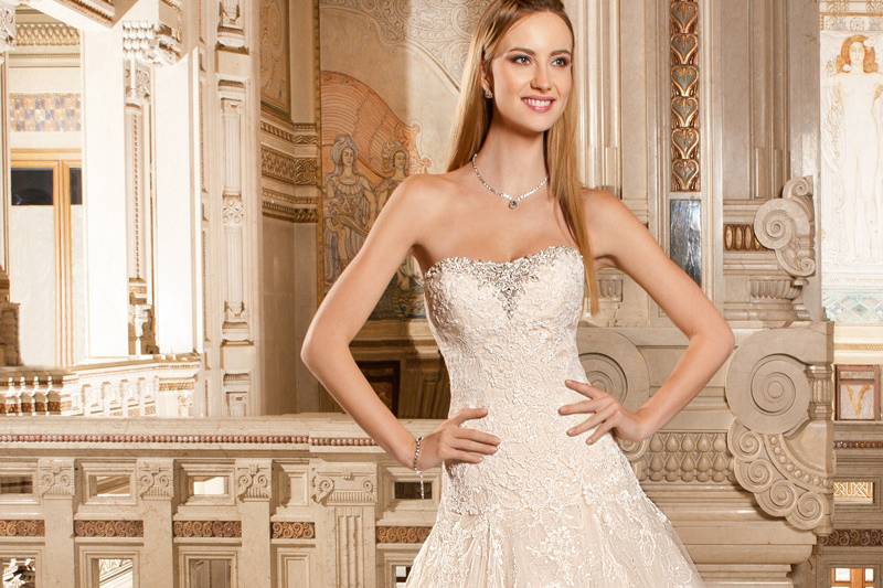 1479This elegant, strapless gown with sweetheart neckline features a tulle, a-line skirt with a jeweled belt on the natural waist. The bodice and hem are adorned with embroidered lace that continues into the chapel train.