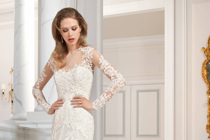 217This classic all lace, a-line gown features a high illusion neckline and long sheer sleeves with lace appliques. The keyhole illusion back features a delicate scalloped lace edging with button closure and chapel train.