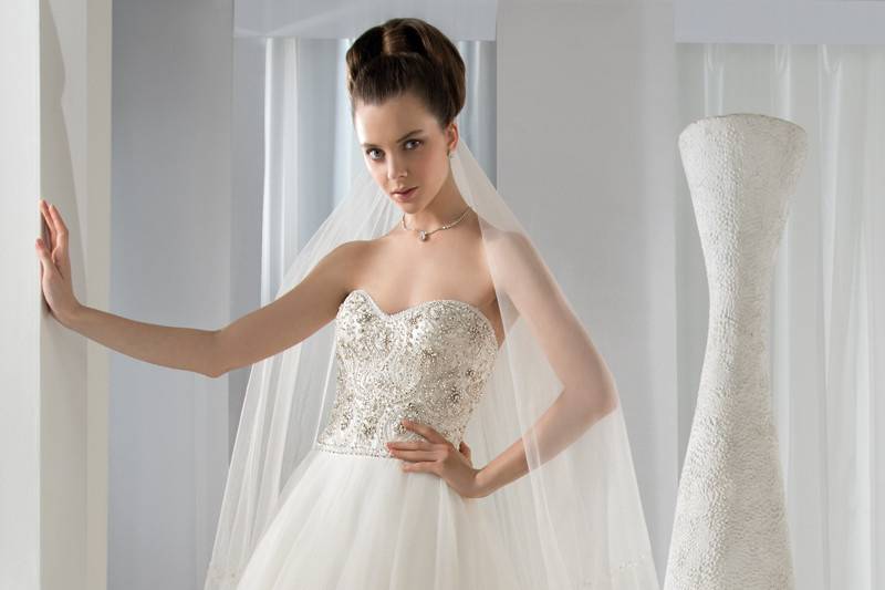 Style 600 <br> This elegant strapless tulle Ball Gown features a magnificent jeweled bodice with Sweetheart neckline, button closure and Chapel length train.