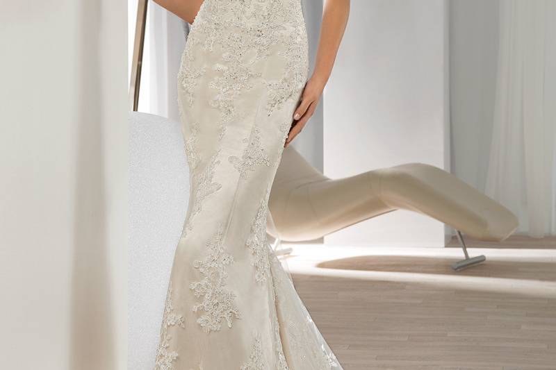 Style 581 <br> This striking beaded tulle, Fit-N-Flare gown features a sheer neckline and long sheer sleeves embellished with delicate beaded embroidery.     The low keyhole back is finished with buttons and a Chapel length train.
