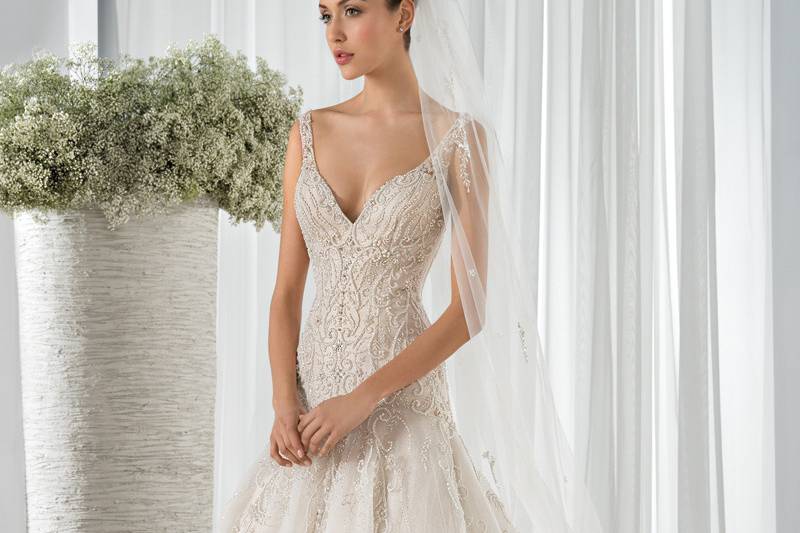 Style 607 <br> This dreamy Tulle Ball Gown with plunging V-neckline is embellished with crystal jeweling on the waist.  The sheer beaded cap sleeves transition into a magnificent jewel embellished low sheer back with button closure.  The back features a Chapel length train.