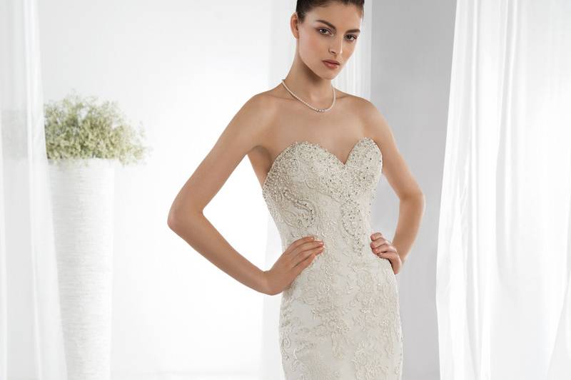 Style 608 <br> This Sophisticated Lace Fit-N-Flare gown with Sweetheart neckline is embellished with beading on the bodice and neckline.  The back features a lace-up closure and Chapel length train.