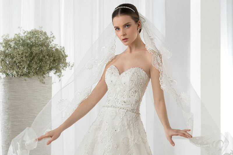 Style 610 <br> This striking Fit-N-Flare gown with V-neckline features beaded lace that cascades into the Organza skirt and double lace straps that transition into a keyhole back and Chapel length train.