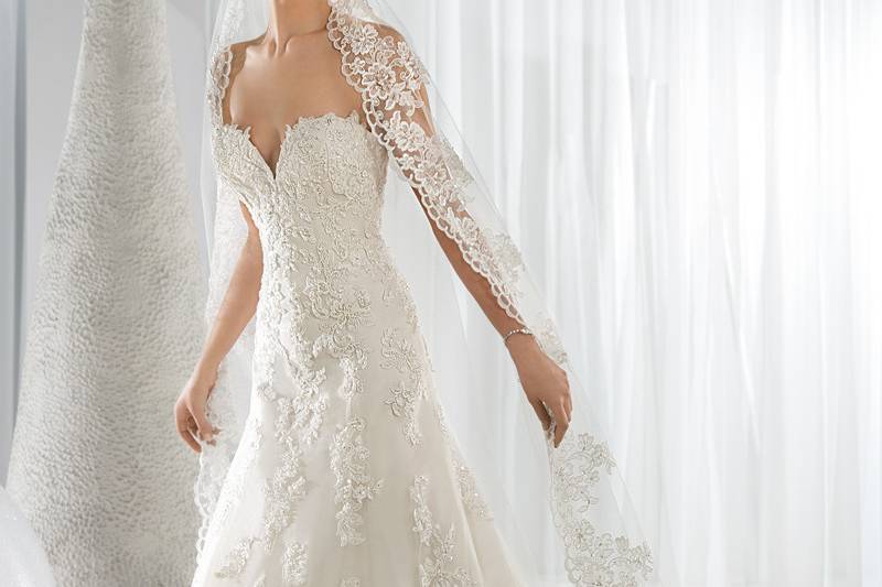 Style 617 <br> This sophisticated Fit-N-Flare beaded lace gown features a V-neckline with lace straps that transition into a dramatic plunging illusion back. With a removable lace Chapel train with a scalloped edge.