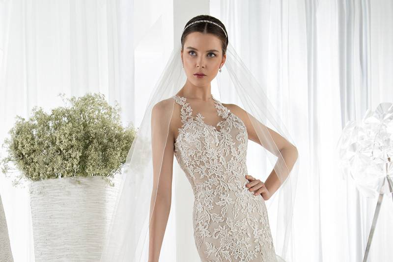 Style 627 <br> This sophisticated Tulle form fitting Fit-N-Flare gown is embellished with beaded lace. The plunging V- neckline and lace straps transition to an illusion dramatic low back with button closures and a Chapel length train.