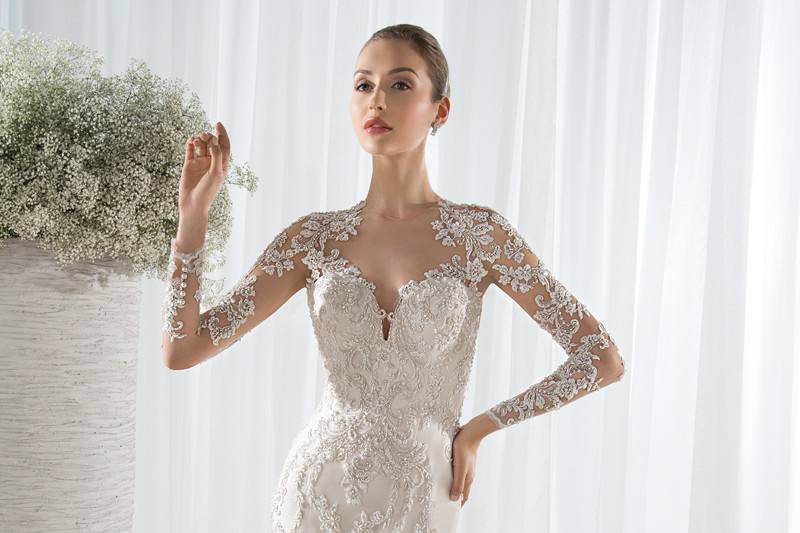 Style 633 <br> This sophisticated beaded lace Fit-N-Flare gown features a sheer illusion neckline with lace appliques on sheer long sleeves and a sheer back. The back features a Chapel train.