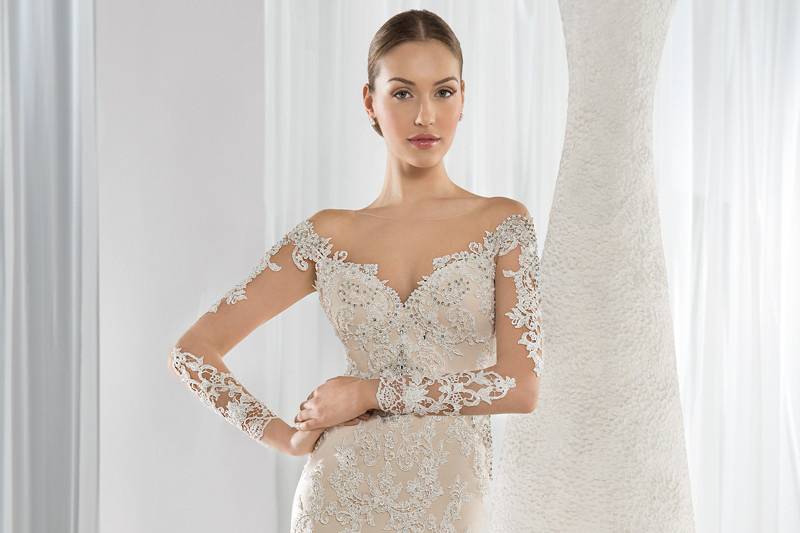 Style 616 <br> This striking Fit-N-Flare gown with plunging V-neckline is embellished with beaded lace on the bodice, long sheer sleeves and dramatic natural sheer back with button closure.  The multi-tiered Tulle skirt flows into a Chapel length train.