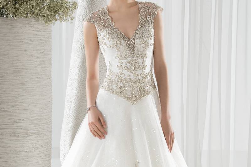 Style 645 <br> This shimmering Ball Gown is embellished with a beaded lace bodice with a V-neckline and lace cap sleeves, that transition into an open keyhole back. The back features a Chapel train.