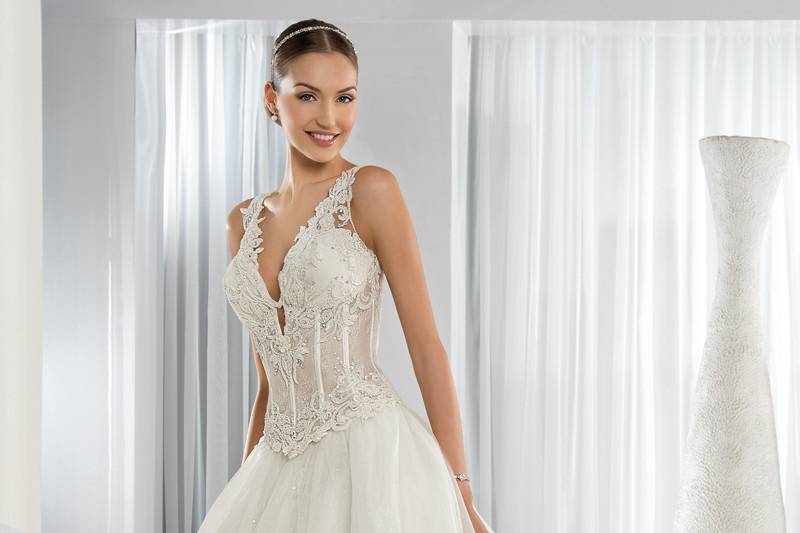 Style 650 <br> This unique tulle Ball Gown features a beaded lace bodice with a plunging V- neckline and Basque waist.  The form fitting bodice transitions to an open sheer back with button closures and a Chapel length train.