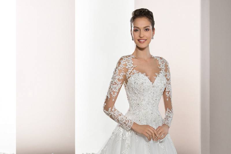 Style 732 <br>	Delicately beaded appliques embellish this romantic Tulle Ball gown with Sweetheart neckline and elegant sheer sleeves with lace accents that flow into a dramatic, low sheer back with button closure.  The back features a stunning lace embellished Cathedral train.