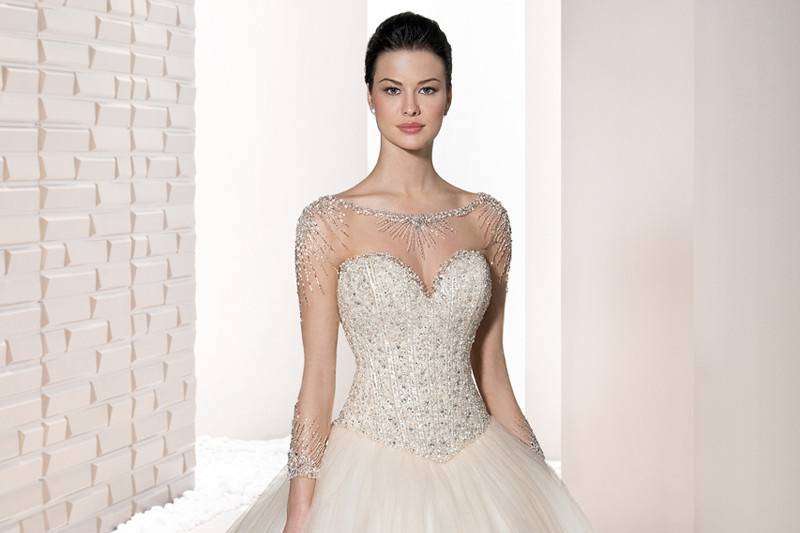 Style 725 <br>	This striking Tulle Ball gown with spaghetti straps and plunging V-neckline is embellished with sparkling beaded embroidery on the waist and features a Chapel length train.