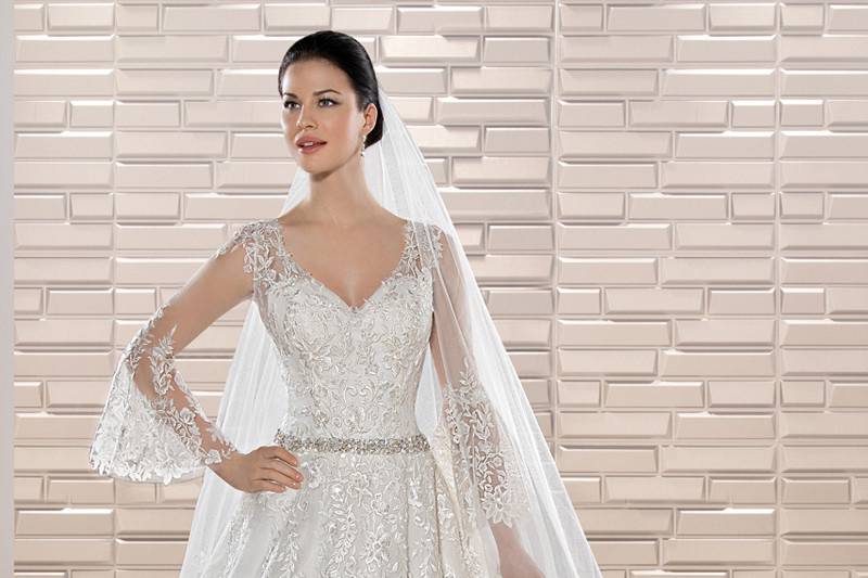 Style 681 <br>	From ceremony to reception this Venice Lace classic creation transitions from a sleeveless V-neck to a magnificent long sleeve Ball gown with removable sheer lace bell sleeves.  The Lace over sheer illusion back features buttons and is finished with a Chapel length train.