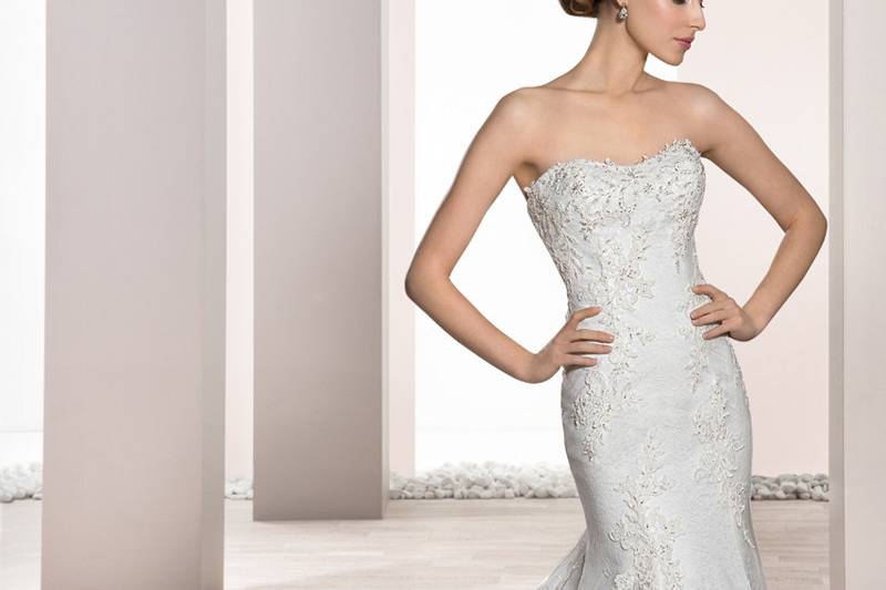 Style 681 <br>	From ceremony to reception this Venice Lace classic creation transitions from a sleeveless V-neck to a magnificent long sleeve Ball gown with removable sheer lace bell sleeves.  The Lace over sheer illusion back features buttons and is finished with a Chapel length train.