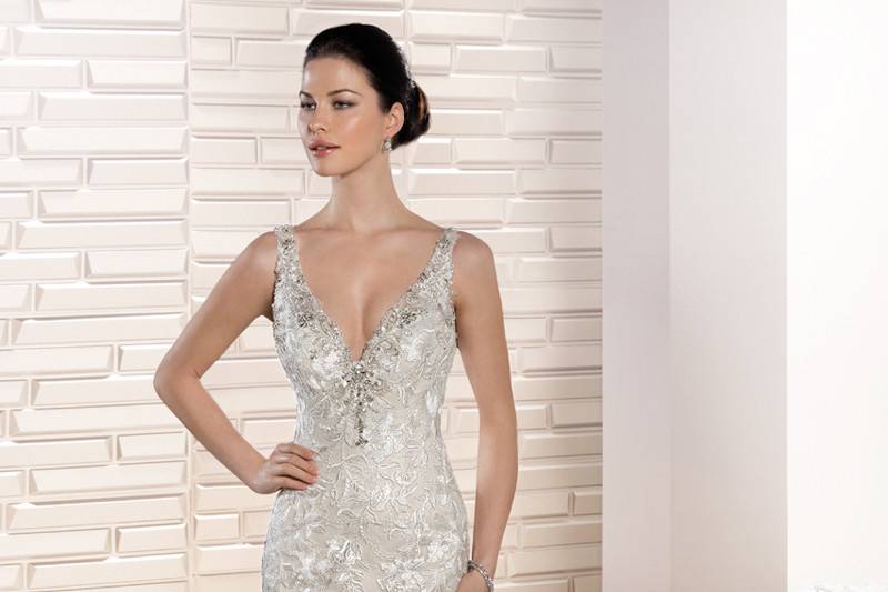 Style 669 <br>	Exquisite beading adorns the V- neckline and bodice of this sleeveless, sultry fit n flare gown featuring a dramatic keyhole back and Chapel train.