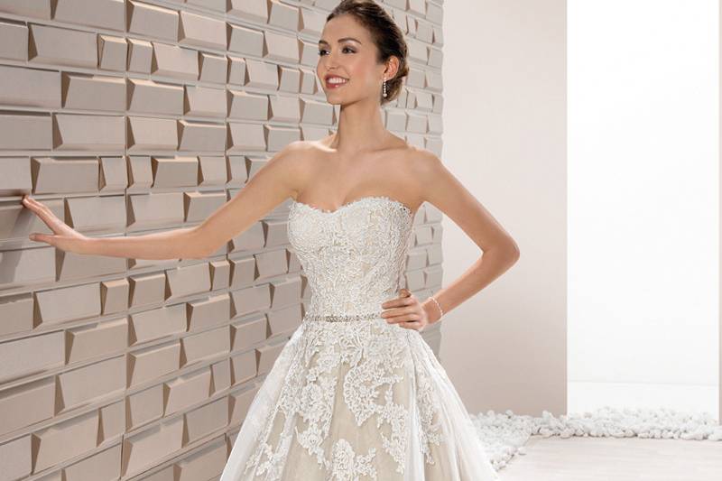 Style 662 <br>	This classic, strapless Ball gown features delicate lace cascading from the bodice into the skirt accented with jeweled trim on the waist.  The back is finished with a button closure and a Chapel length train.