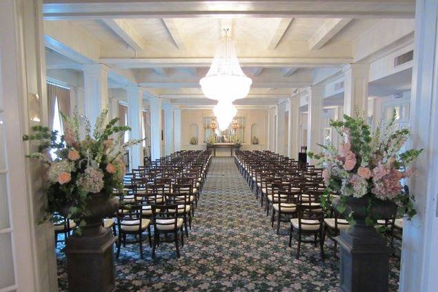 First floor ballroom.  Set up for wedding ceremony.