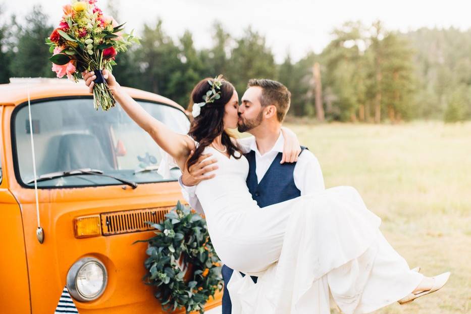 The bus is a perfect backdrop!