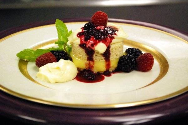 Pound Cake Slider: Delicate pound cake slider with lemon creme, lemon curd and fresh berries sauce