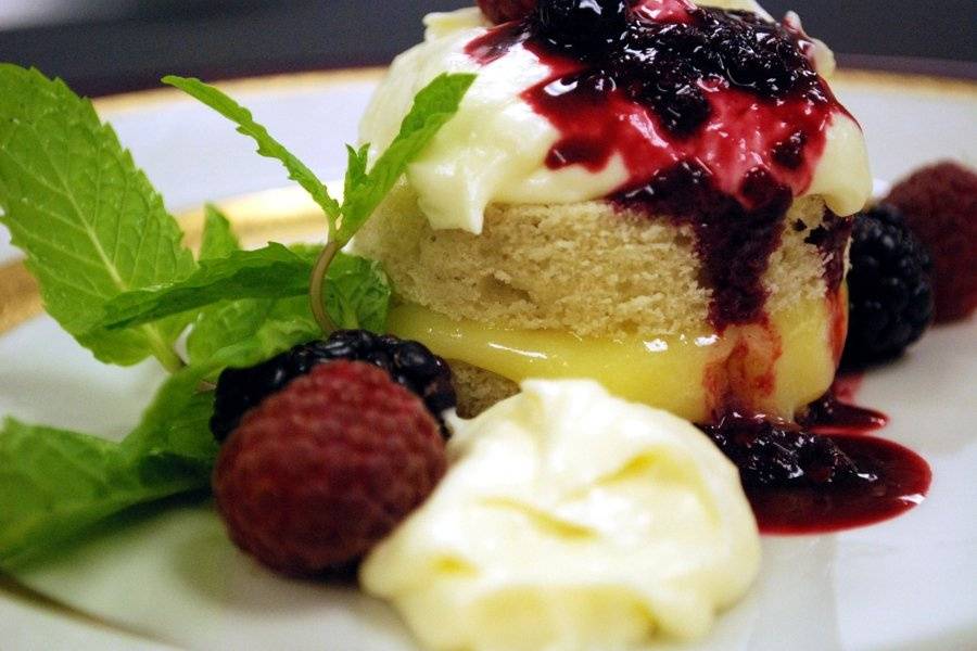 lemon pound cake napoleon with Meyer lemon curd, lemon cream and fresh berries.