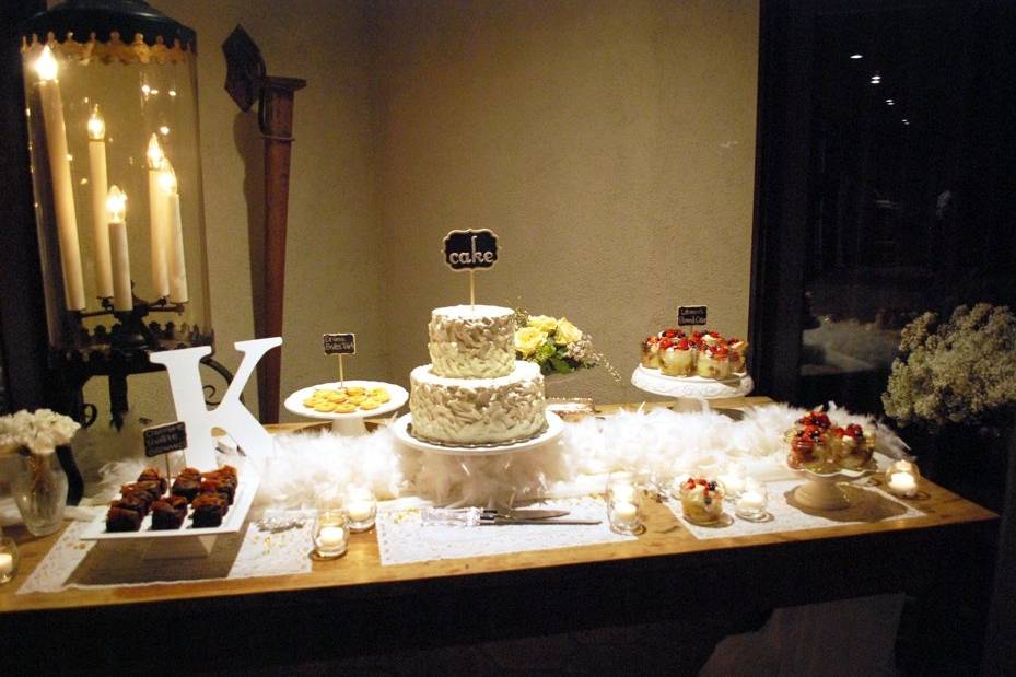 Dessert Display | intimate wedding cake, ganache brownies w/crispy prosciutto, lemon curd tart, strawberry shortcake mason jars