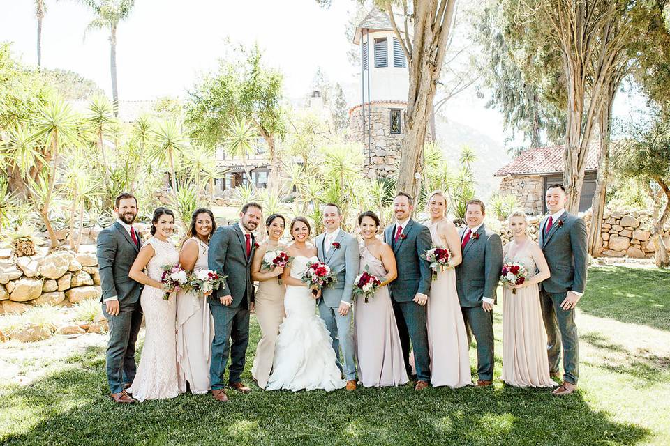 The couple with the bridesmaids and groomsmen