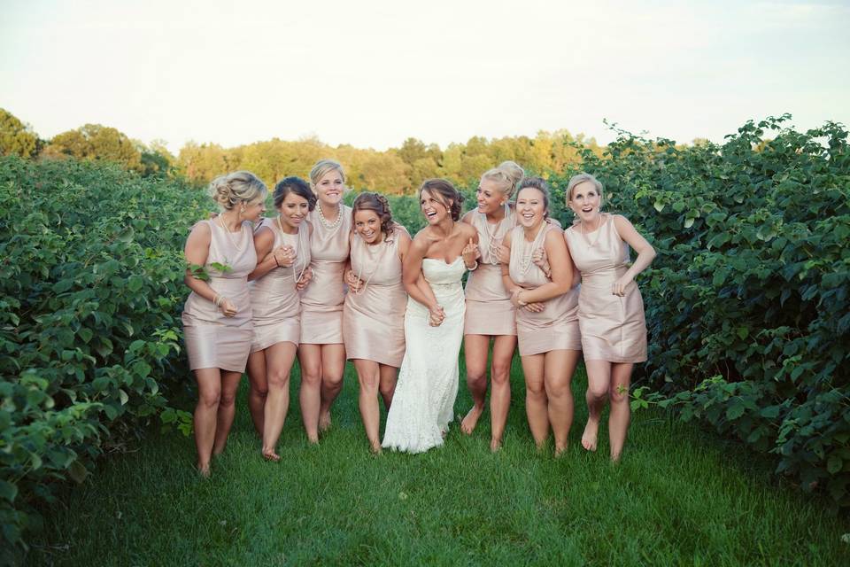 Bridesmaids in a Michigan orchard