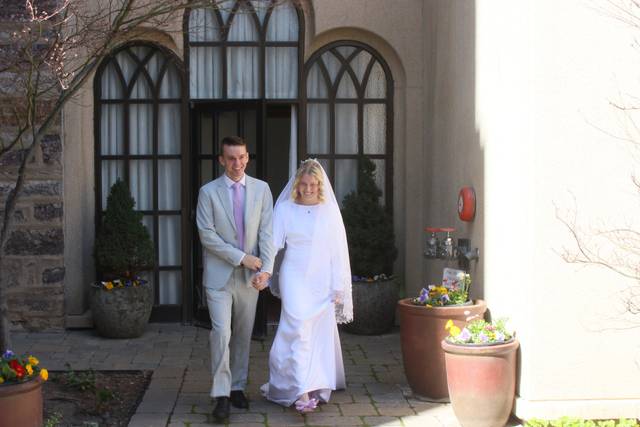 Couple exiting temple