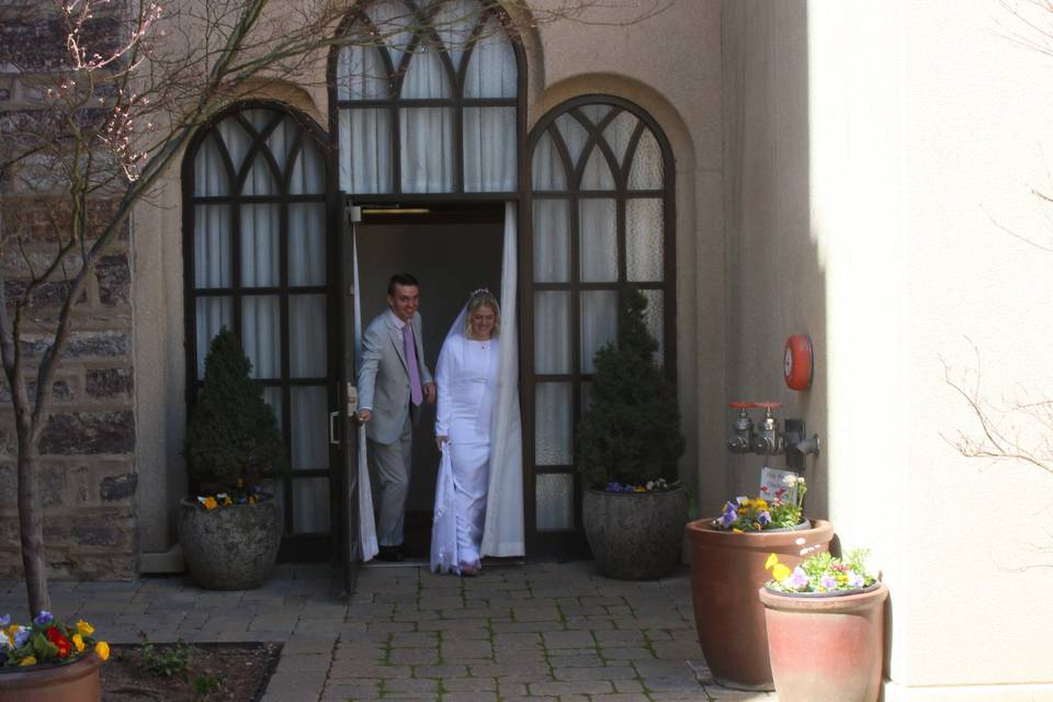 Couple exiting temple