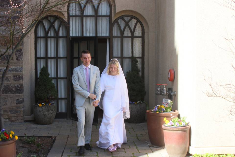 Couple exiting temple