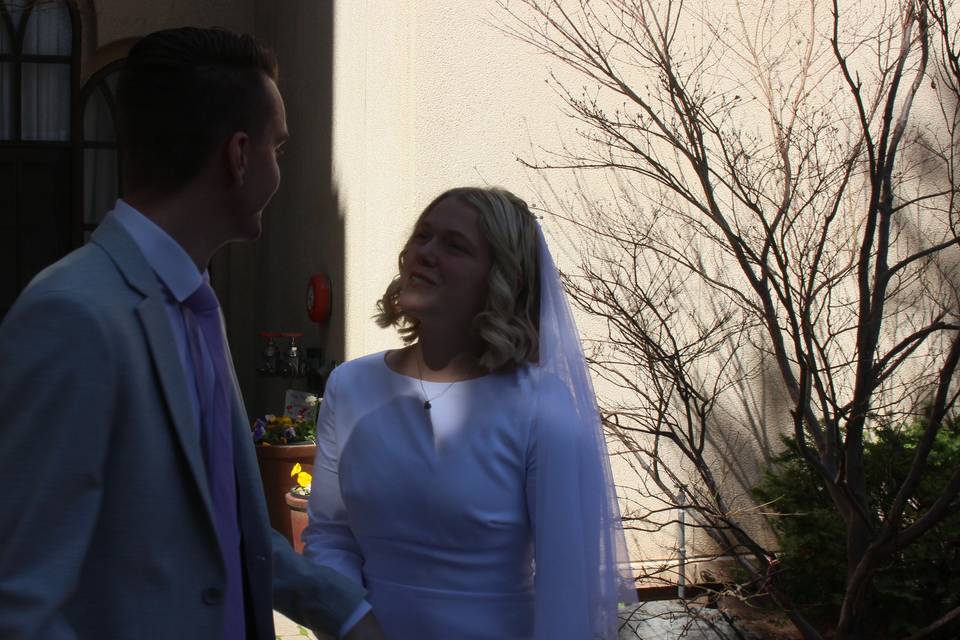 Couple exiting temple