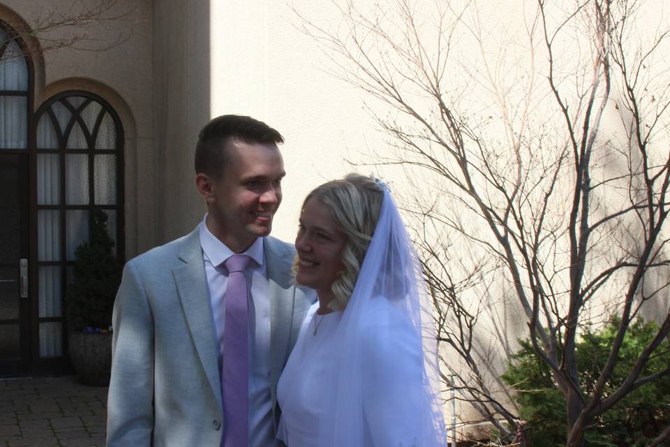 Couple exiting temple