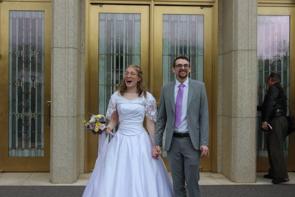 Couple exiting temple