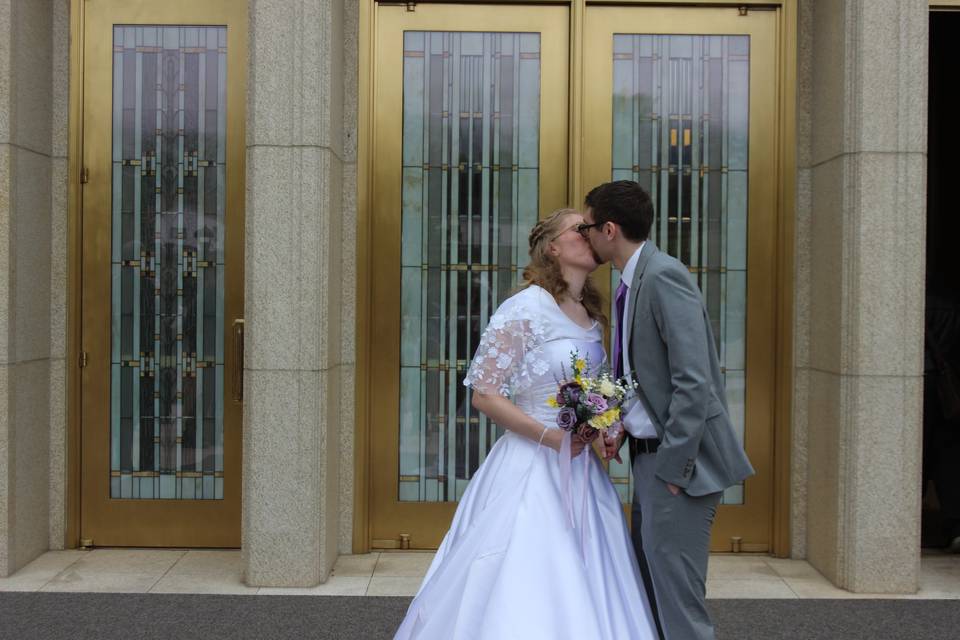 Couple exiting temple