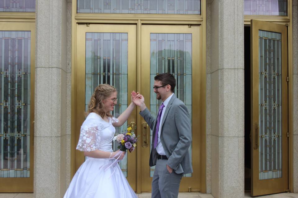 Couple exiting temple