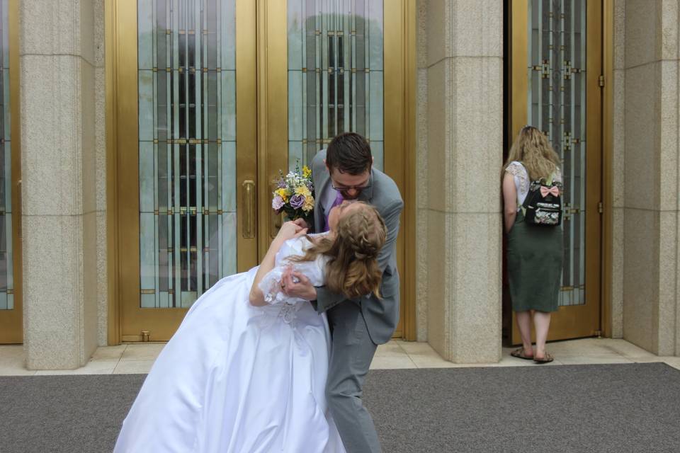 Couple exiting temple