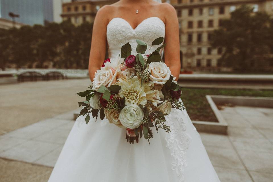 Bridal gown and bouquet