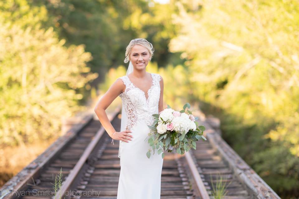 Bride on train tracks