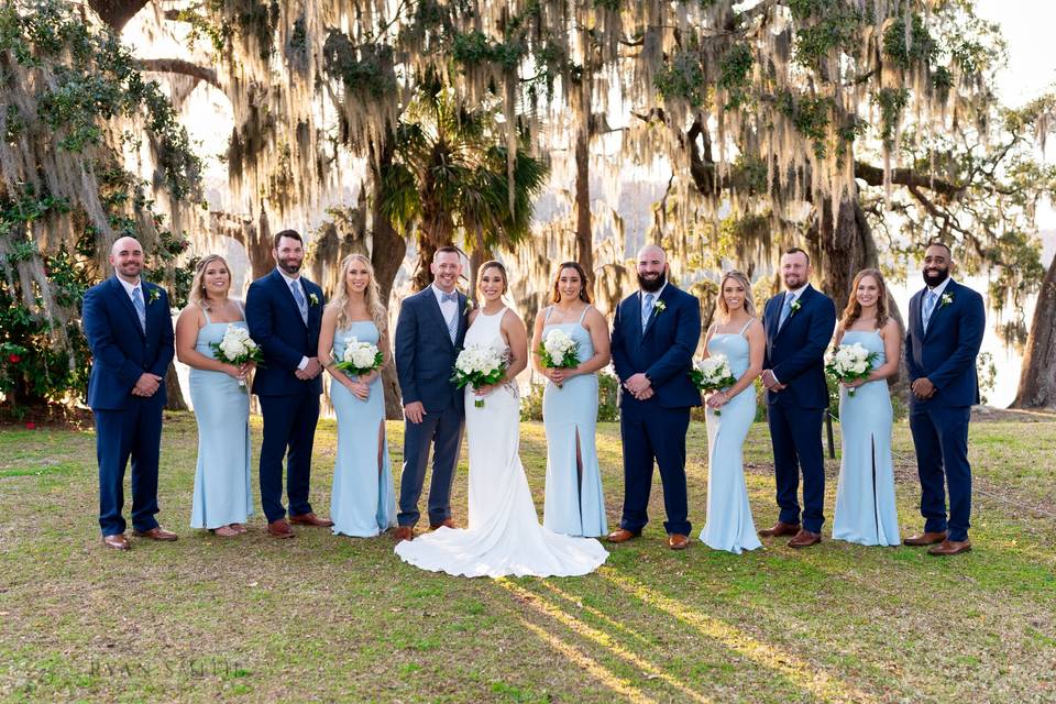 Bridal party at sunset