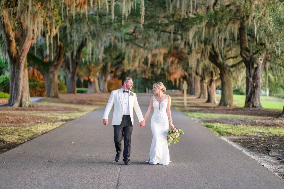 Bride and groom in courtyard