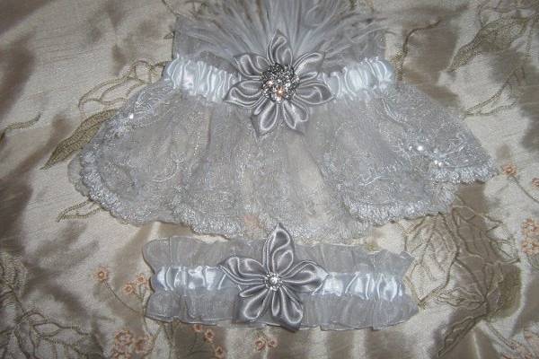Bridal Garter Set with 5 Inch Long Silver-Thread and Beaded Bridal Mesh Lace, Ostrich Feathers, Silver Kanzashi Flower and Crystal Pendant