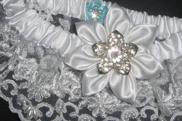 Bridal Satin White Garter Set with Pearled Lace, Kanzashi Flower, Crystal Pendant and Something Blue