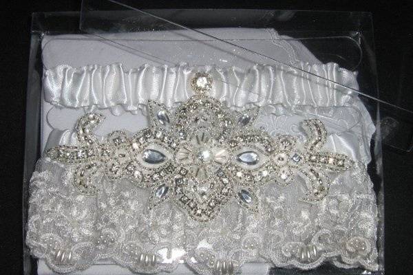 Stunning Hierloom Bridal Garter Set in White with Pearled Bridal Lace and Starburst Rhinestone Centering