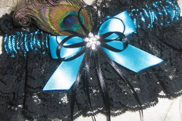 Bridal Garter Set Teal Blue Satin and Black Lace with Peacock Feather, Rhinestone and Bows